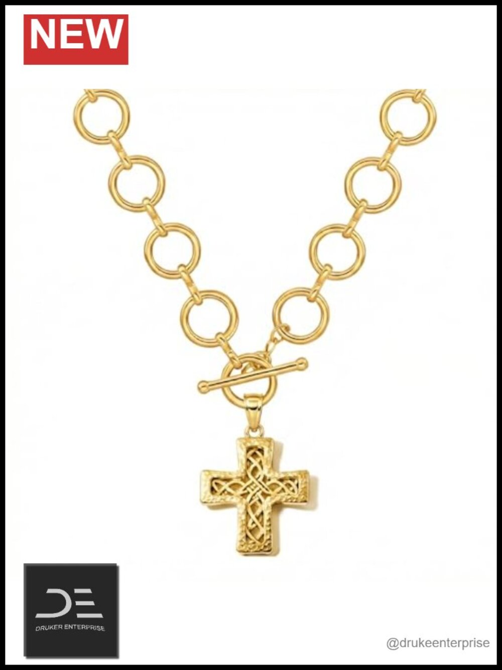 Chunky Cross Pendant Necklace 925 Sterling Silver Toggle Clasp Statement